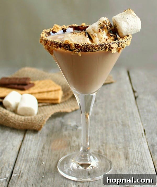 Sophisticated S'mores Martini cocktail with a graham cracker rim and toasted marshmallow garnish