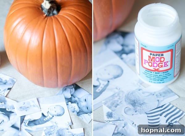 A close-up of a DIY decoupage craft pumpkin showcasing various black and white photos adhered with Mod Podge for a textured look.
