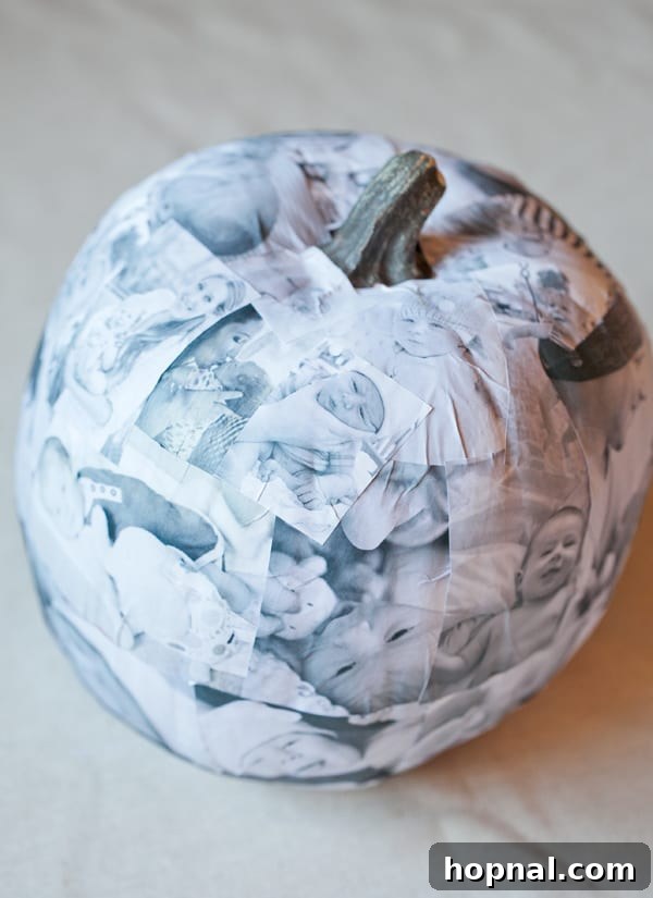 A beautifully decorated decoupage pumpkin adorned with black and white baby pictures, displayed as a unique Halloween decoration.