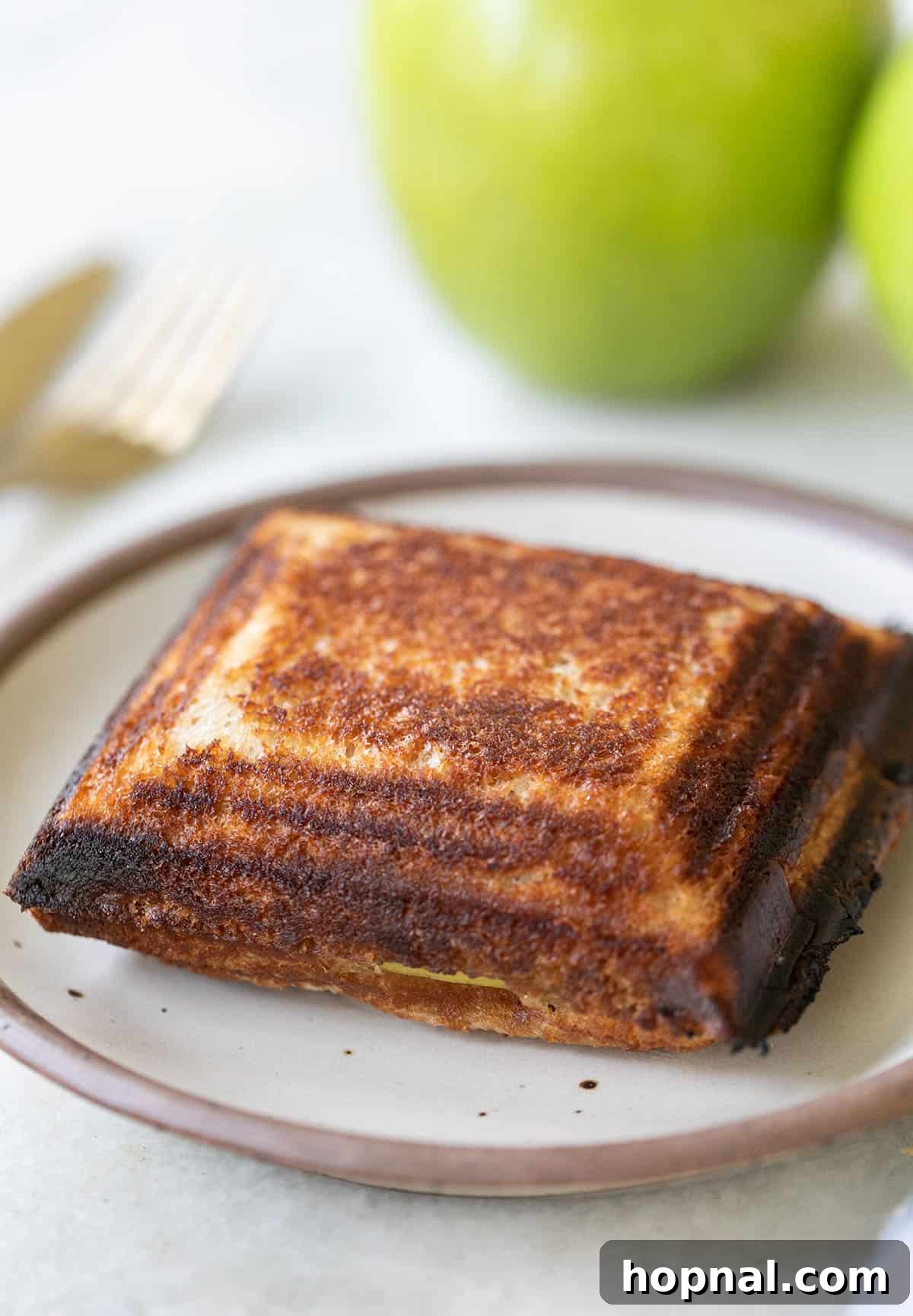 Close-up of a rustic, golden-brown apple mountain pie, showing its delicious texture