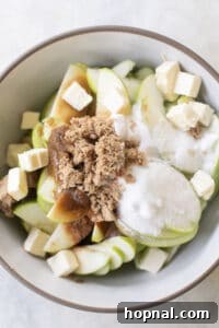 Sugar, butter, spices, and thinly sliced apples being mixed in a bowl for pie filling
