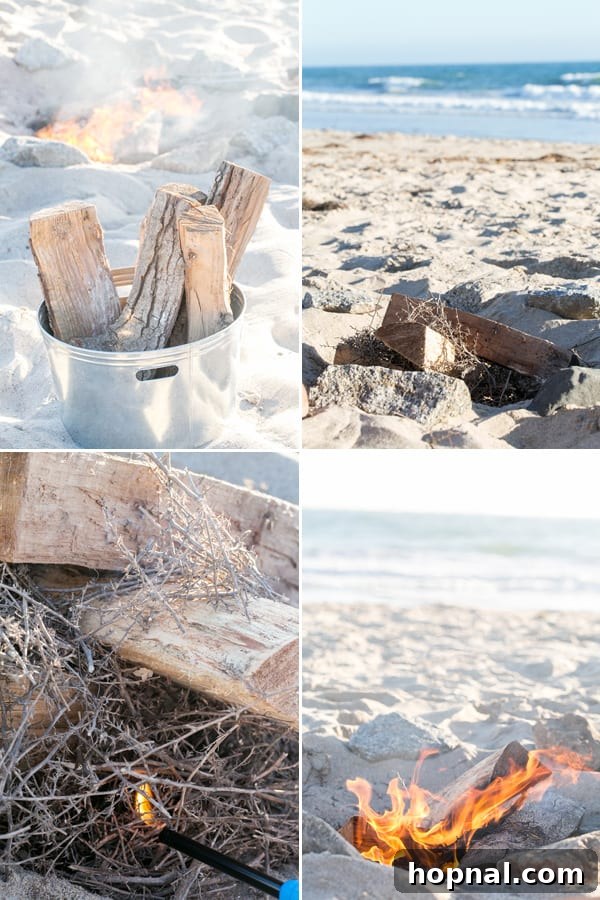 Crafting Your Dream Beach Bonfire Night 3 Collage showing steps for building a beach bonfire: digging a pit, arranging rocks, stacking wood, and lighting the kindling.