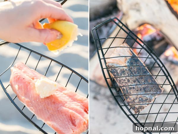 Crafting Your Dream Beach Bonfire Night 4 Close-up of fresh salmon cooking in a fish basket over a beach bonfire, flames visible below.