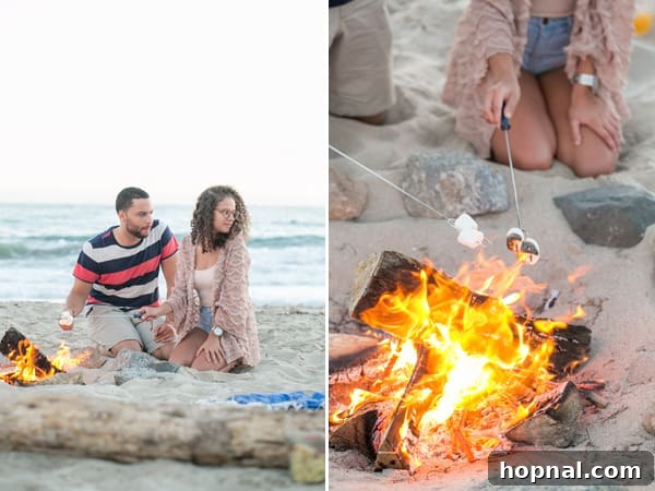 Crafting Your Dream Beach Bonfire Night 7 A couple enjoying s'mores and drinks around a cozy beach bonfire as night falls.