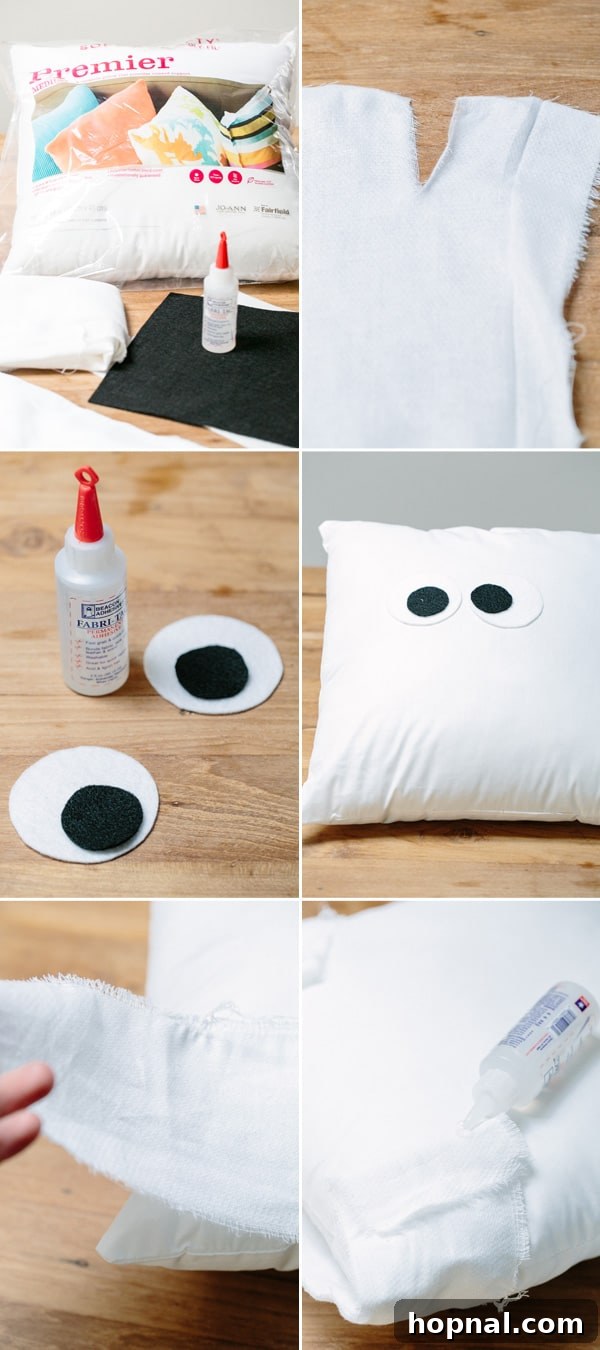 Step-by-step assembly guide for crafting a no-sew mummy pillow, showing materials and process