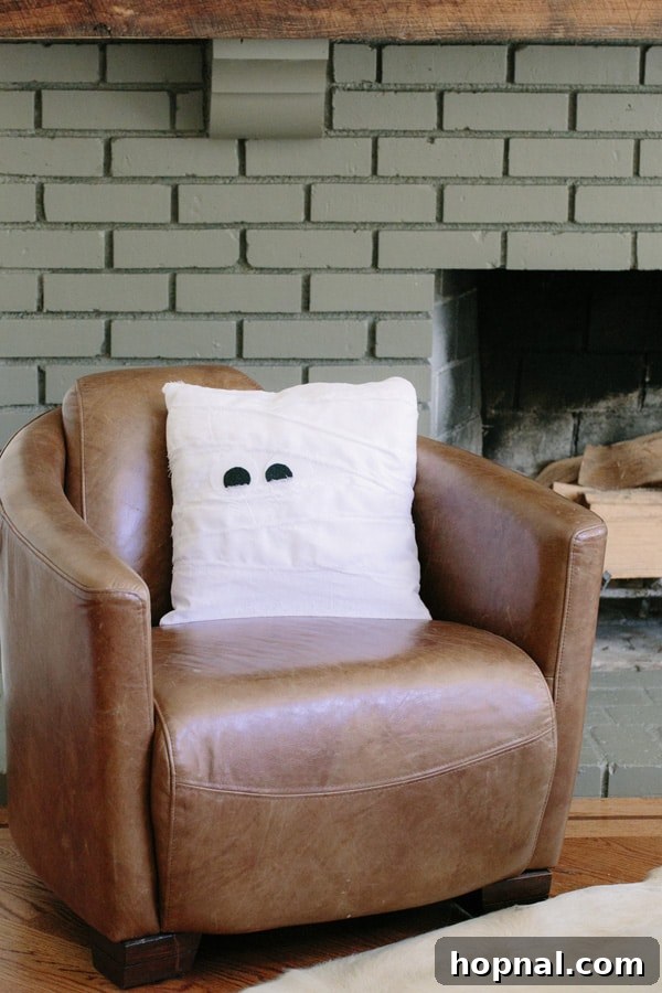 Close-up of a finished DIY mummy pillow, showcasing its handcrafted appeal for Halloween