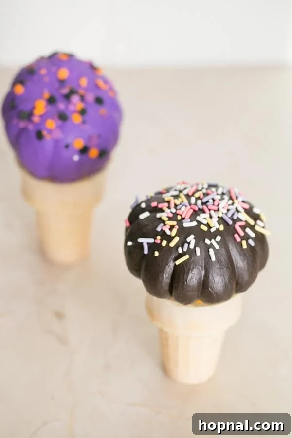 Sweet Autumn: Homemade Pumpkin Ice Cream Cones 8 Close-up of a pumpkin ice cream cone with colorful sprinkles, showing intricate detail and charm