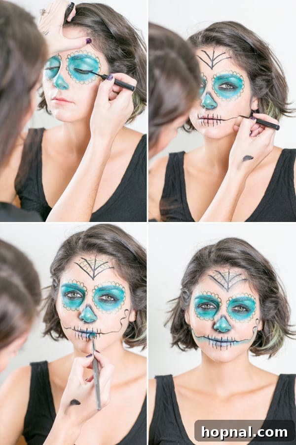 Effortless Día de los Muertos Makeup & DIY Flower Crown Guide 5 Collage showing various stages of Day of the Dead makeup application, from base to intricate designs