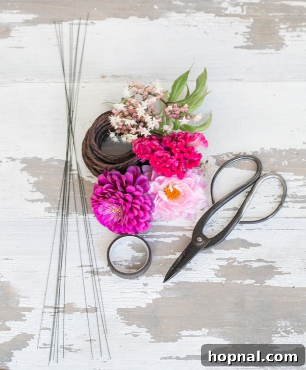 Effortless Día de los Muertos Makeup & DIY Flower Crown Guide 4 Tools and materials laid out for making a DIY floral crown, including wire, tape, and flowers