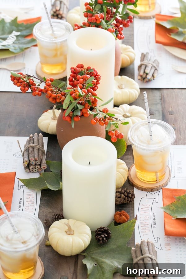 Little Gobblers' Thanksgiving Table 6 A kids' Thanksgiving table adorned with flameless candles and small floral arrangements, creating a warm and inviting ambiance.