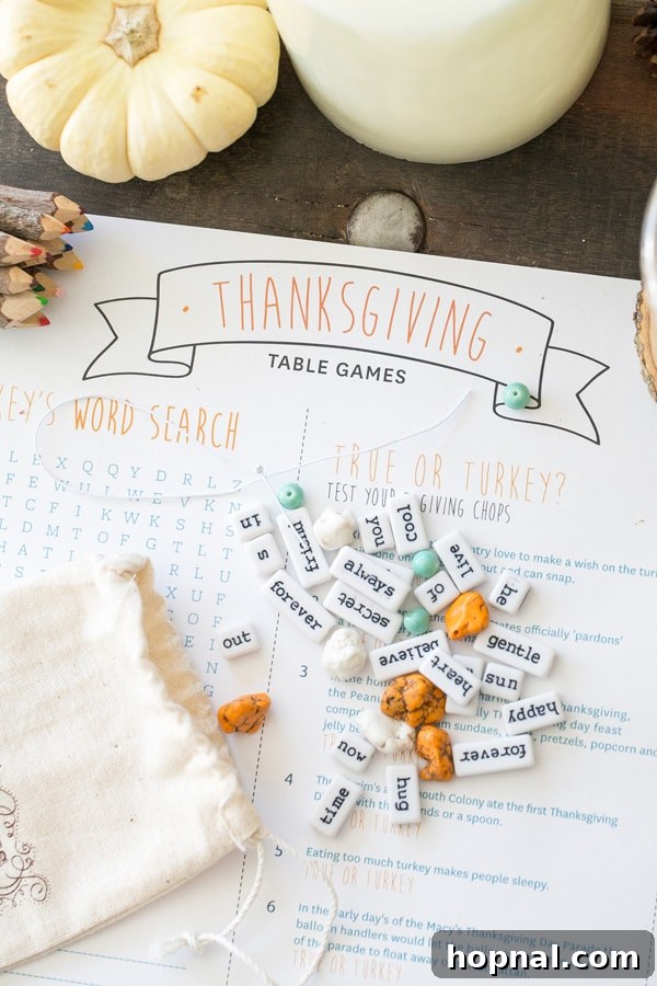 Little Gobblers' Thanksgiving Table 9 Thanksgiving table games printable and materials for DIY Thanksgiving necklaces, offering engaging activities for children.