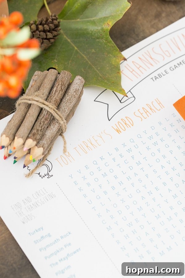 Little Gobblers' Thanksgiving Table 10 A Thanksgiving word search for kids accompanied by a set of wooden crayons, promoting engagement and creativity.