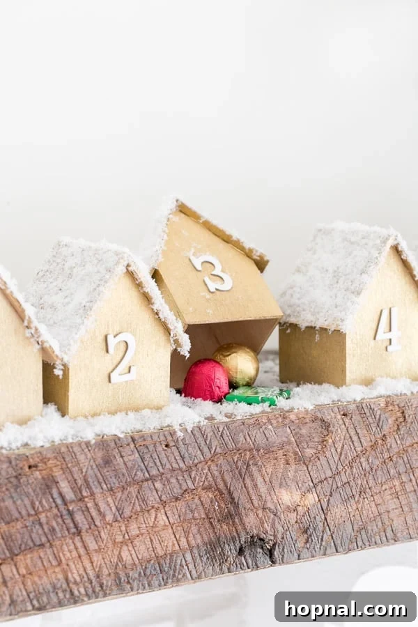 A side shot of a row of wooden houses, part of the DIY Advent Calendar, showcasing their collective design.