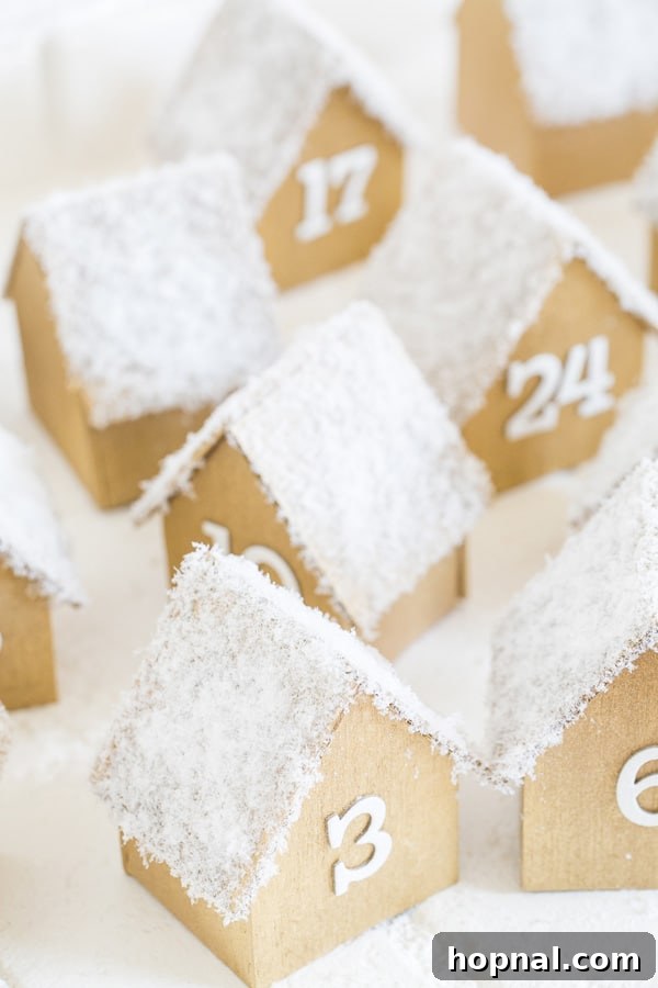 Top-down perspective of the DIY Wooden House Advent Calendar, showing the arrangement and overall festive appeal.