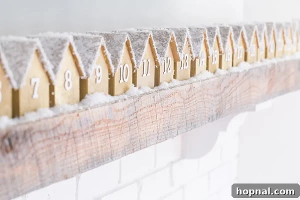 Wide shot of the DIY Wooden House Advent Calendar displayed in a festive setting, blending seamlessly with holiday decorations.