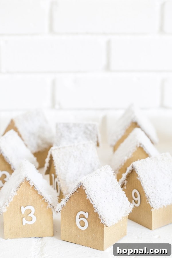 A charming group of finished wooden advent houses, showcasing their collective appeal and festive decoration.