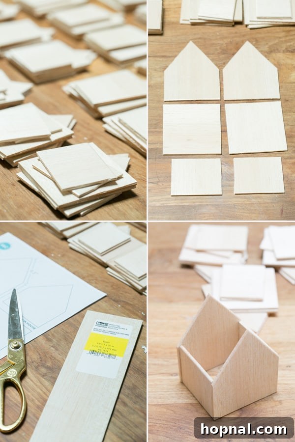 A series of process shots depicting the construction of the wooden houses for the DIY Advent Calendar.