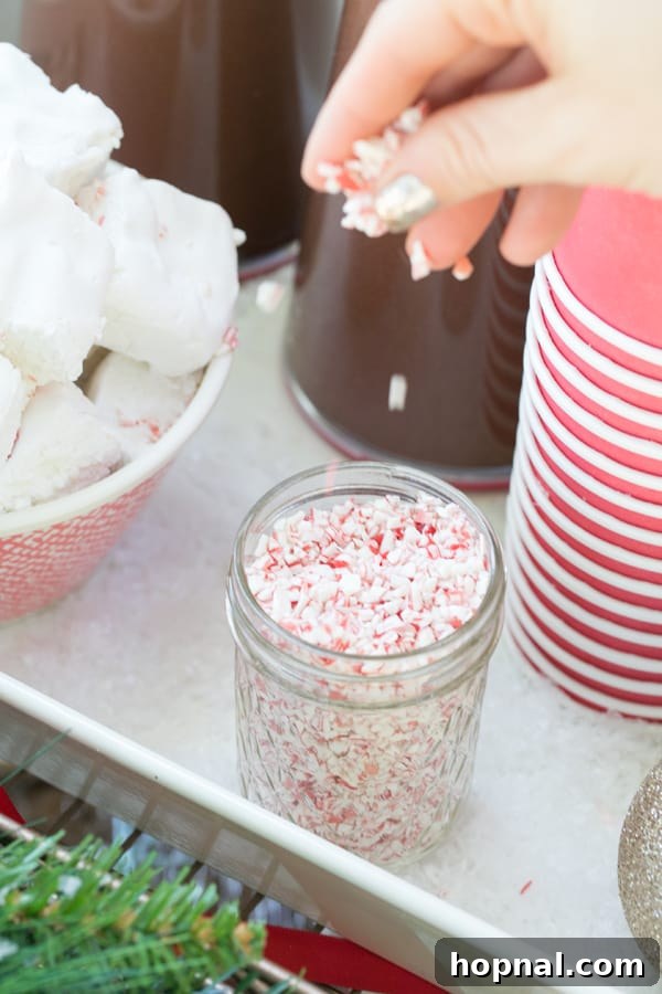 Variety of colorful candy toppings in glass jars on a festive hot chocolate bar, ready for customization.