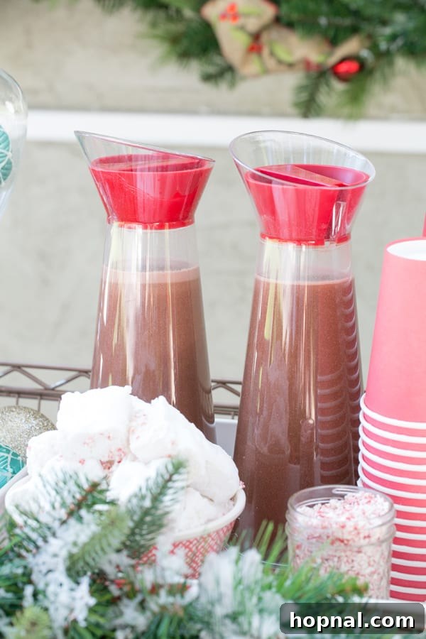 Close-up of insulated thermoses filled with hot cocoa, ready for serving on a festive bar.