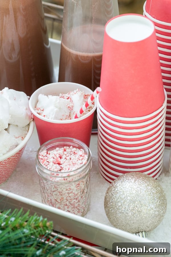 Outdoor hot cocoa stand with red cups, marshmallows, and candy, adorned with festive decorations.