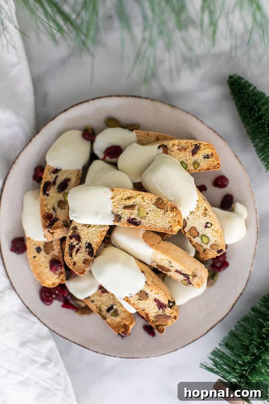 Jeweled Cranberry Pistachio Biscotti 13 Platter of cranberry pistachio biscotti cookies with fresh cranberries and melted white chocolate garnish.