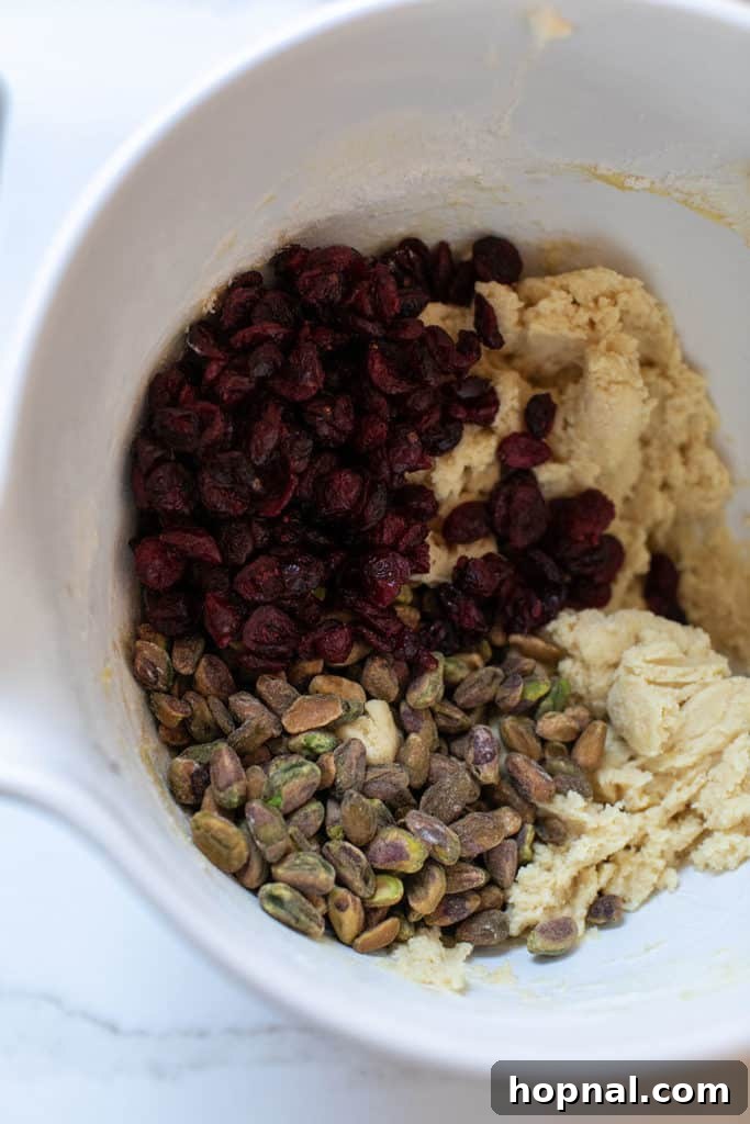 Jeweled Cranberry Pistachio Biscotti 7 Dried cranberries and pistachios ready to be added to the dough.