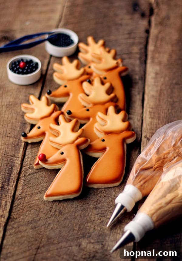 Crafting Beautiful Christmas Cookies 3 Adorable reindeer cookies decorated with powdered sugar and buttercream frosting for festive celebrations