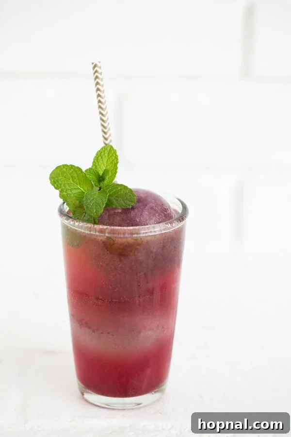 A vibrant blueberry mojito cocktail garnished with fresh mint and round blueberry ice spheres, perfect for summer.