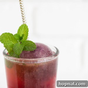 A beautiful blueberry mojito cocktail, garnished elegantly.