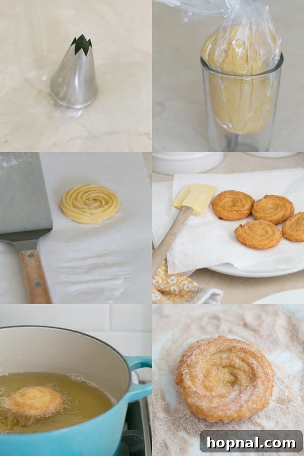 Pictures showing step-by-step process for making churros dough, including stirring ingredients in a saucepan.