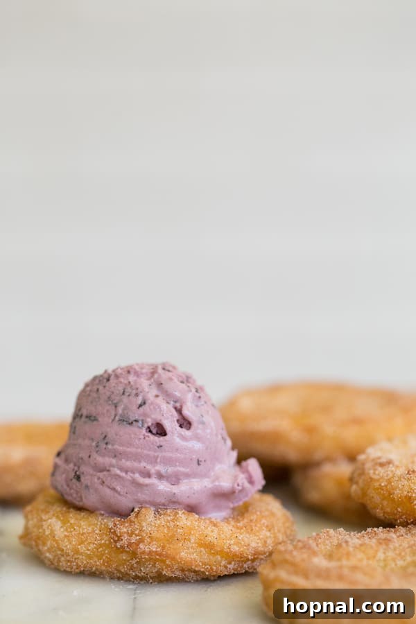 A single homemade churro with a generous scoop of ice cream on top, ready for the second churro to complete the sandwich.