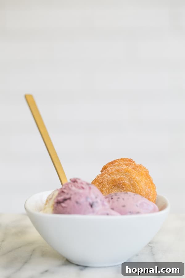 A bowl of ice cream accompanied by a homemade churro, highlighting the perfect pairing.