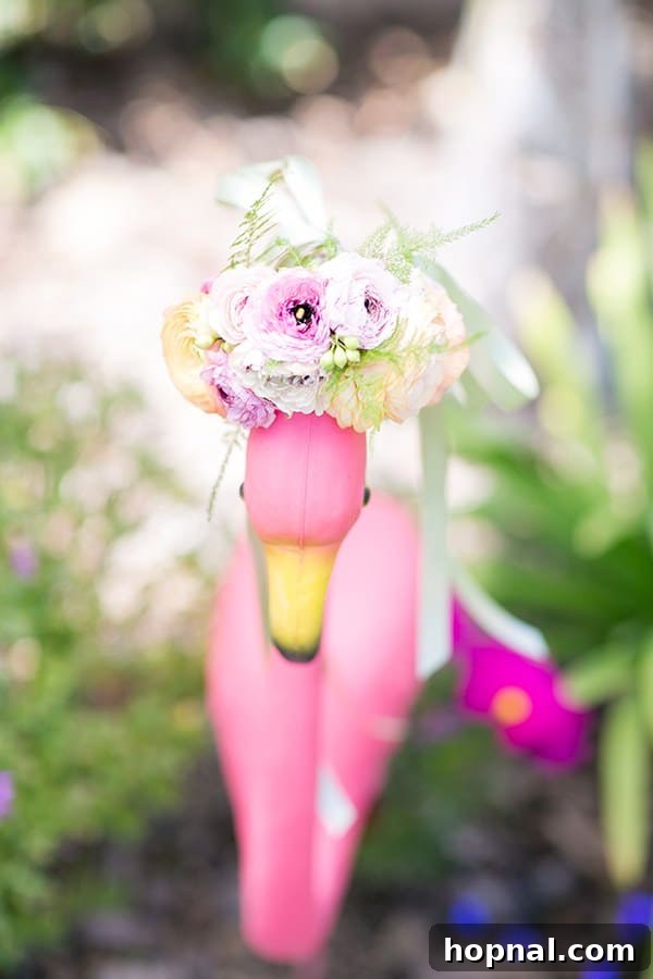 A whimsical yard flamingo adorned with a floral headpiece, adding humor to the party decor