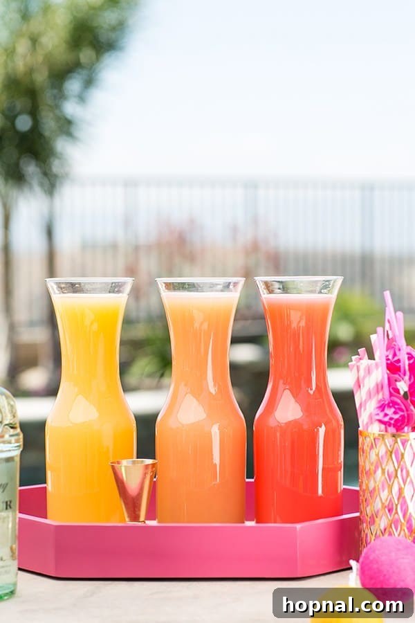 Three fresh juices on a pink tray, ready for mixing tropical cocktails