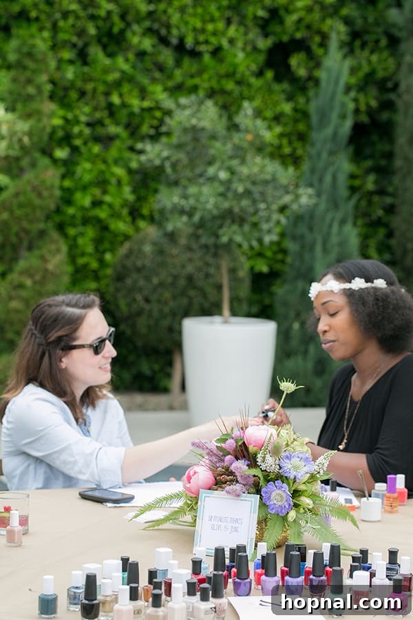 Guests mingling and enjoying delicious food and drinks outdoors, basking in the beautiful Los Angeles weather and the event's vibrant atmosphere.