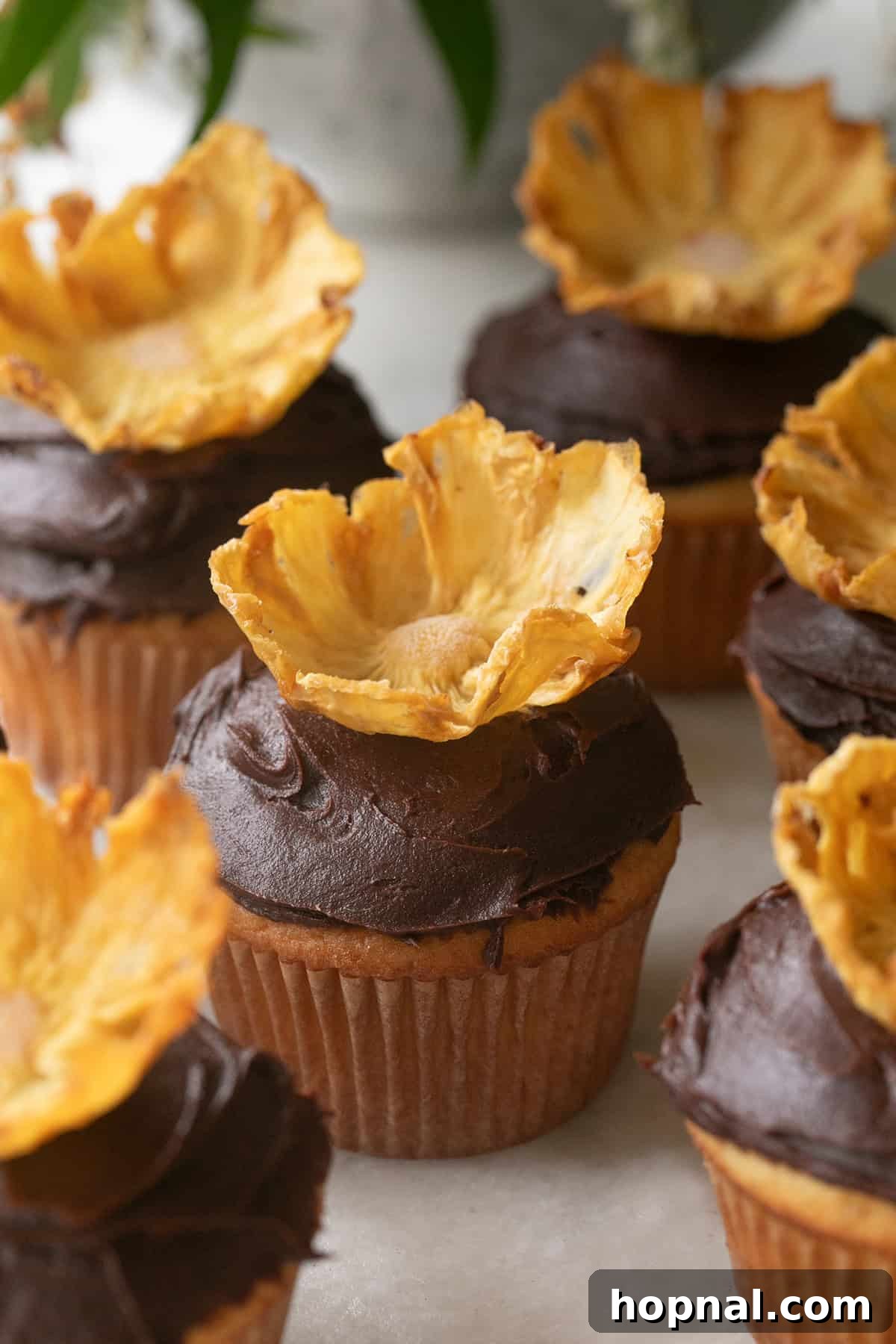 Delicious cupcakes adorned with homemade pineapple flowers, ready for a special occasion.