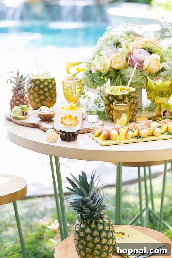 A beautifully decorated table for a pineapple party, adorned with fresh pineapples, colorful flowers, and an array of delightful desserts.