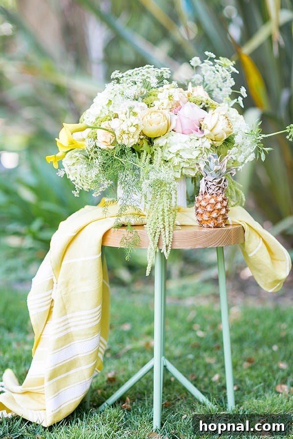 A serene arrangement of yellow flowers and a baby pineapple on a stool, beside a yellow towel.