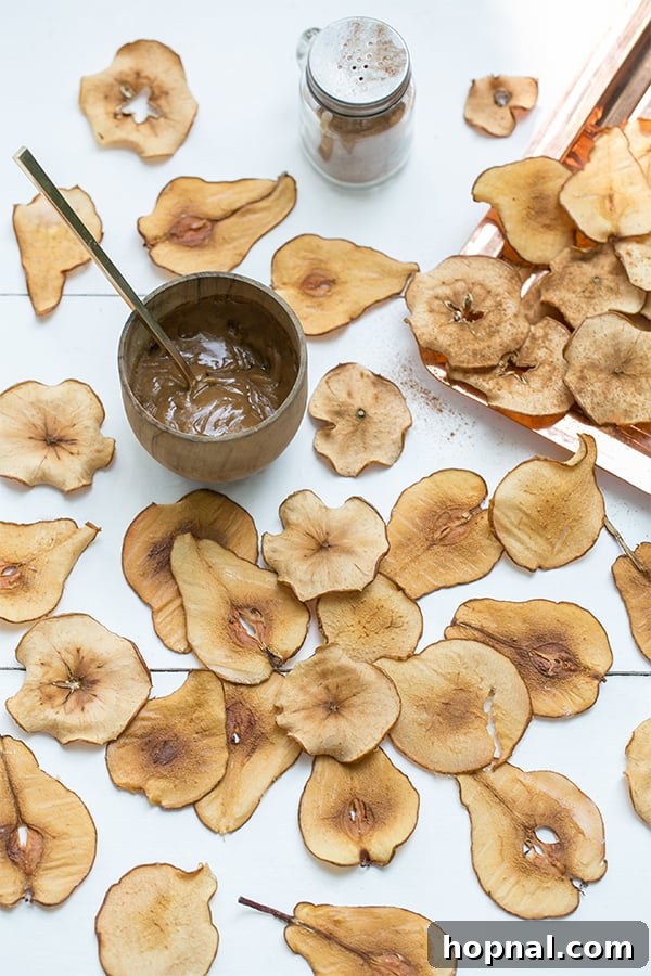 A selection of fresh pear and apple chips ingredients, including whole fruits and cinnamon, neatly laid out on a kitchen counter before preparation.