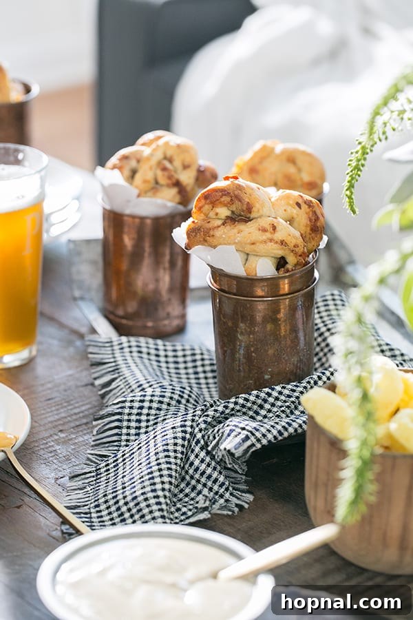 A charming copper cup filled to the brim with freshly baked homemade pretzels, positioned alongside a small bowl of creamy cheese dip and a tall, cold glass of beer, creating an enticing and comforting snack display.