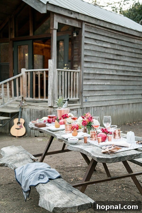 A beautifully decorated camping area with fall-themed decor, indicating a festive Thanksgiving camping setup.
