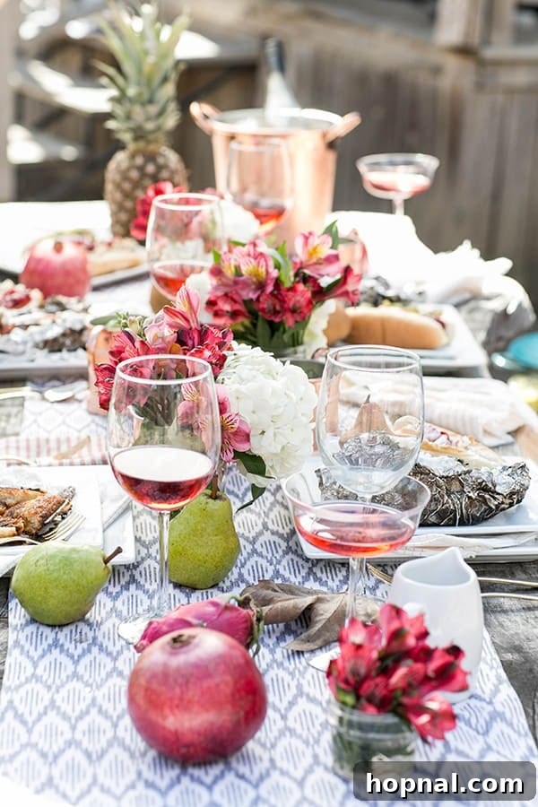 A side shot of a beautifully laid-out table at a glamping site, ready for an outdoor Thanksgiving celebration.