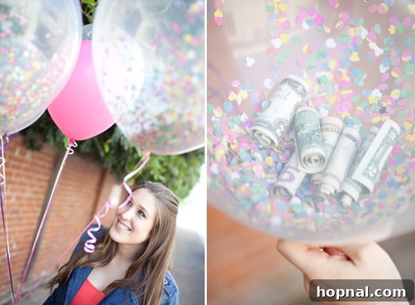 Close-up of money bills and confetti visible inside clear, inflated balloons, tied with ribbons.