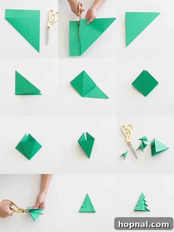 Pictures of steps for making DIY origami Christmas trees - Detailed guide to folding paper trees.