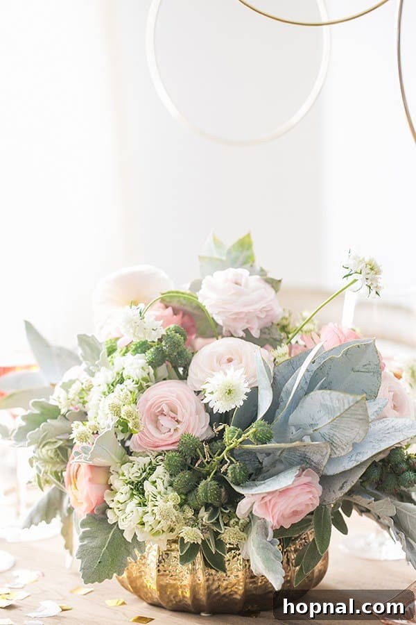 Elegant flowers on a New Year's Eve table setting, ready for a charming dinner party at home.