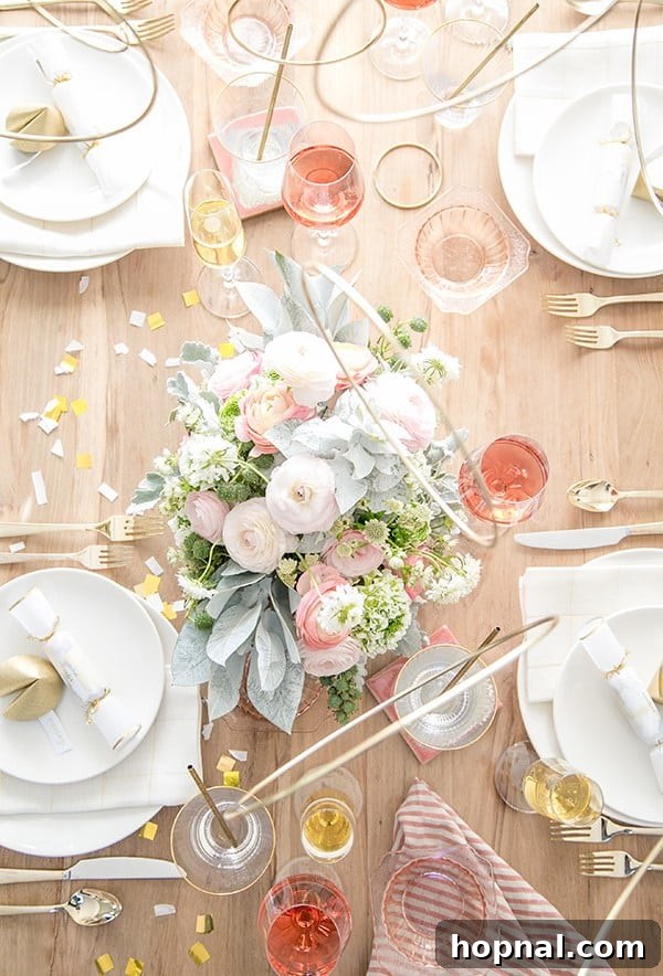 Beautifully set New Year's Eve dinner table with elegant flowers and golden accents, perfect for a festive home celebration.