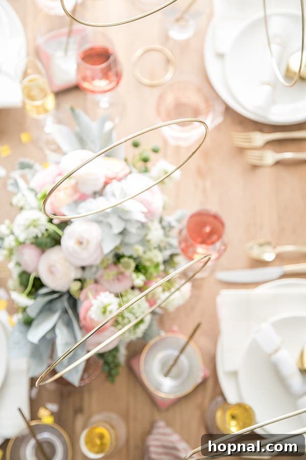 A festive New Year's Eve dinner party table setting, adorned with elegant decor and ready for guests.