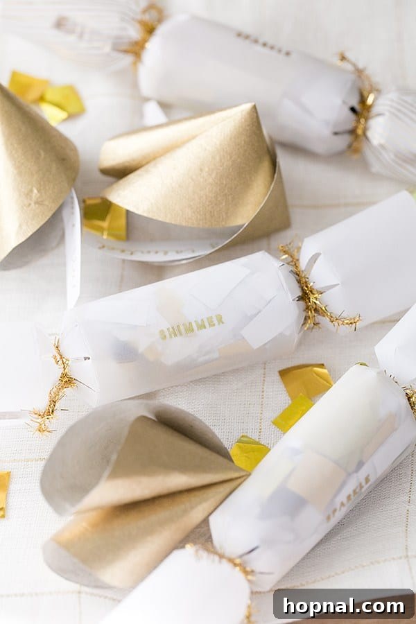Festive confetti poppers and golden DIY fortune cookies, delightful additions to New Year's Eve place settings.