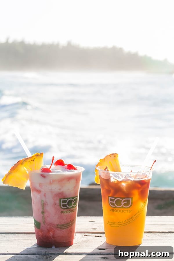 Two tropical cocktails.
