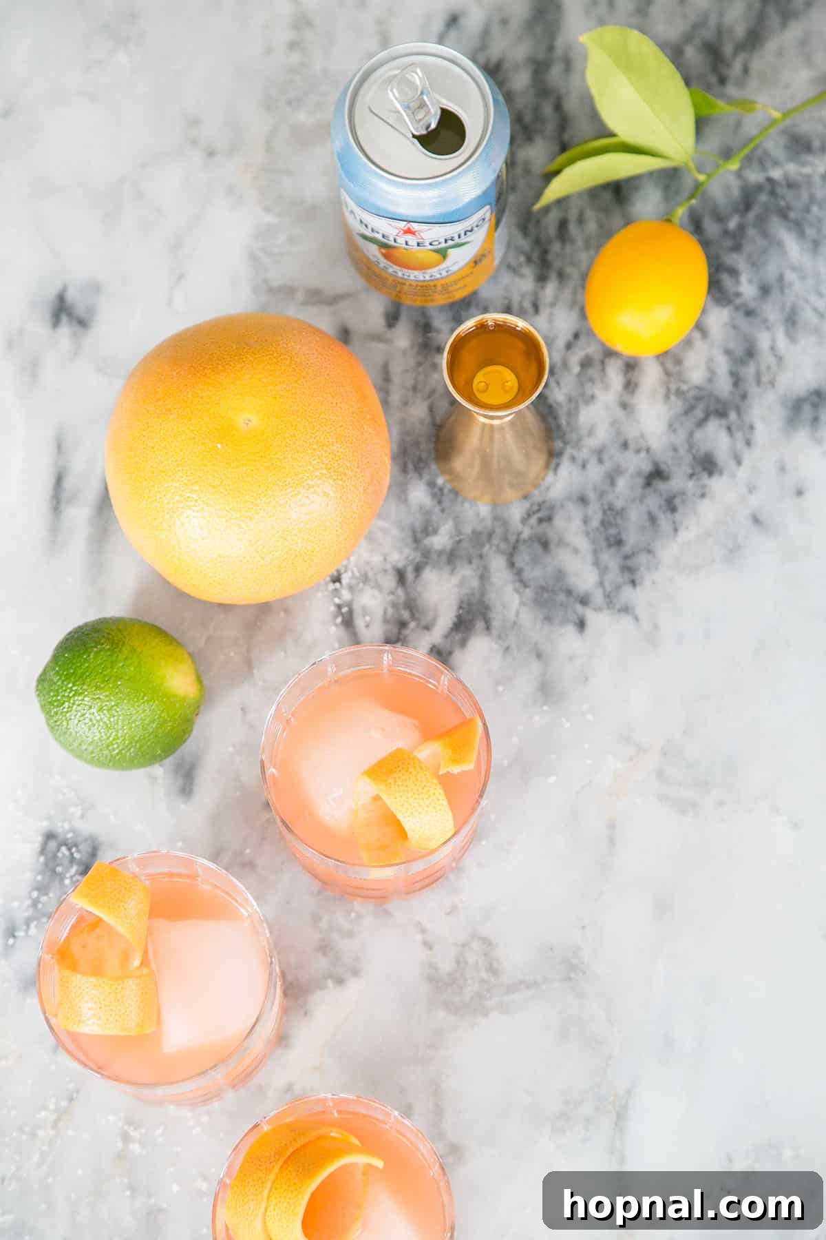 Italian Paloma Spritz 4 Close-up of ingredients on a cutting board including a bottle of tequila, Campari, fresh grapefruit, lemon, and lime.